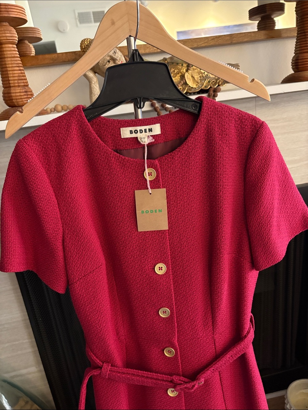 NWT Boden Charlotte Raspberry Red Button-Front Short Sleeve Belted Midi Dress - Picture 3 of 9